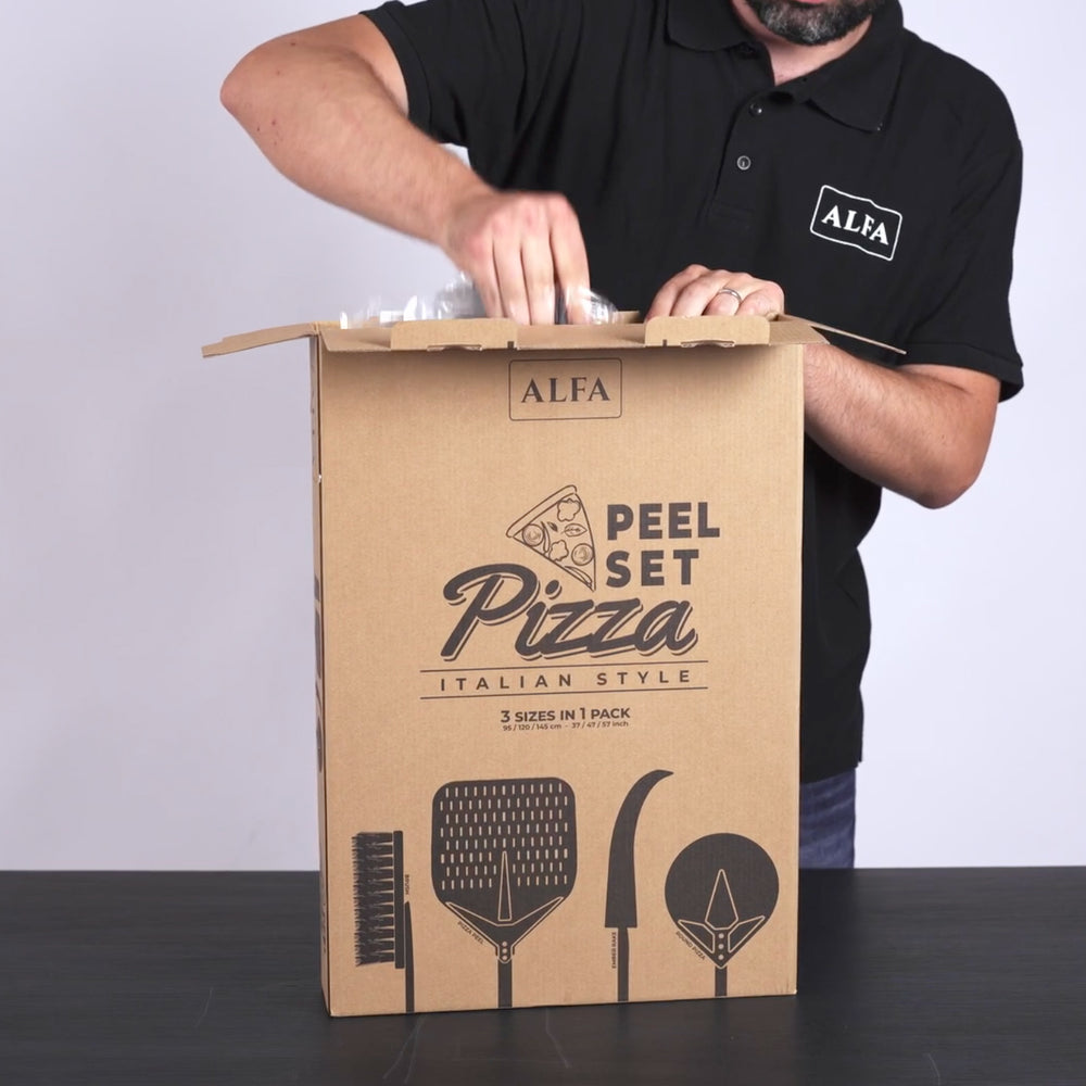 Alfa pizza peel set box with a man unwrapping it.