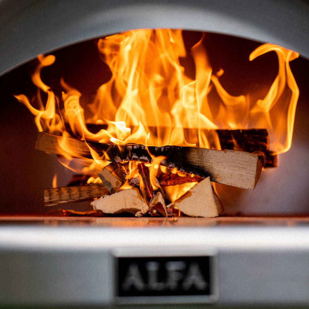 Close up of and alfa oven from the front showing wood burning inside.